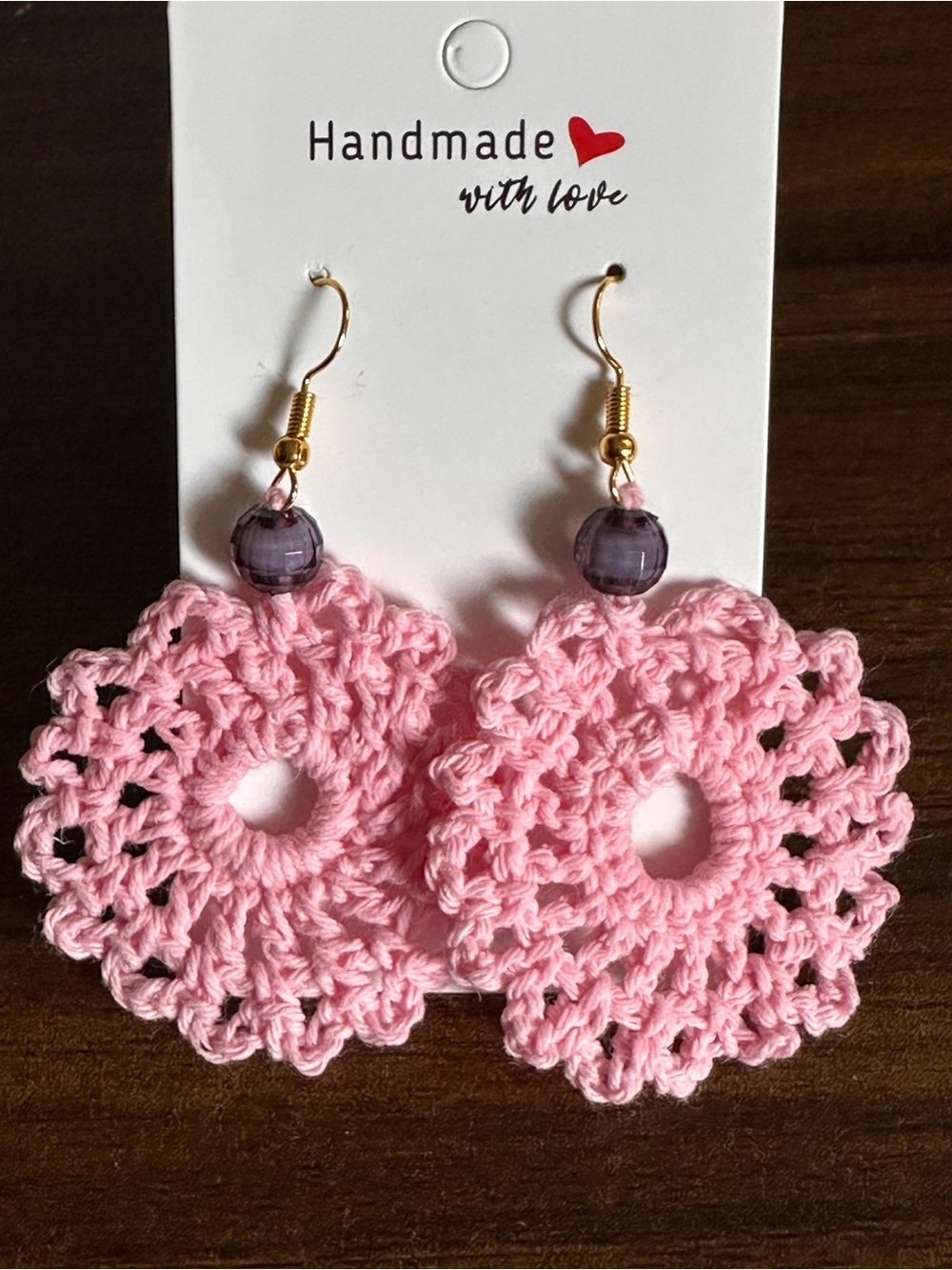 Handmade Pink Crochet Hoop Earrings with Purple Bead